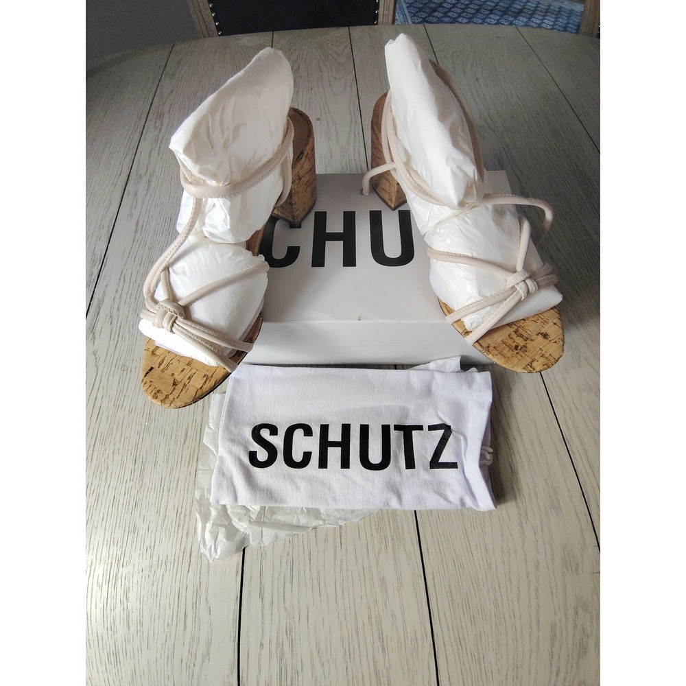 Schutz Suzy‎ Mid Block Cork Heel Strappy Sandals Egg Shell White 8.5B S208010547